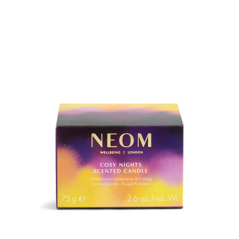 NEOM Cosy Nights Travel Scented Candle packaging on a white background
