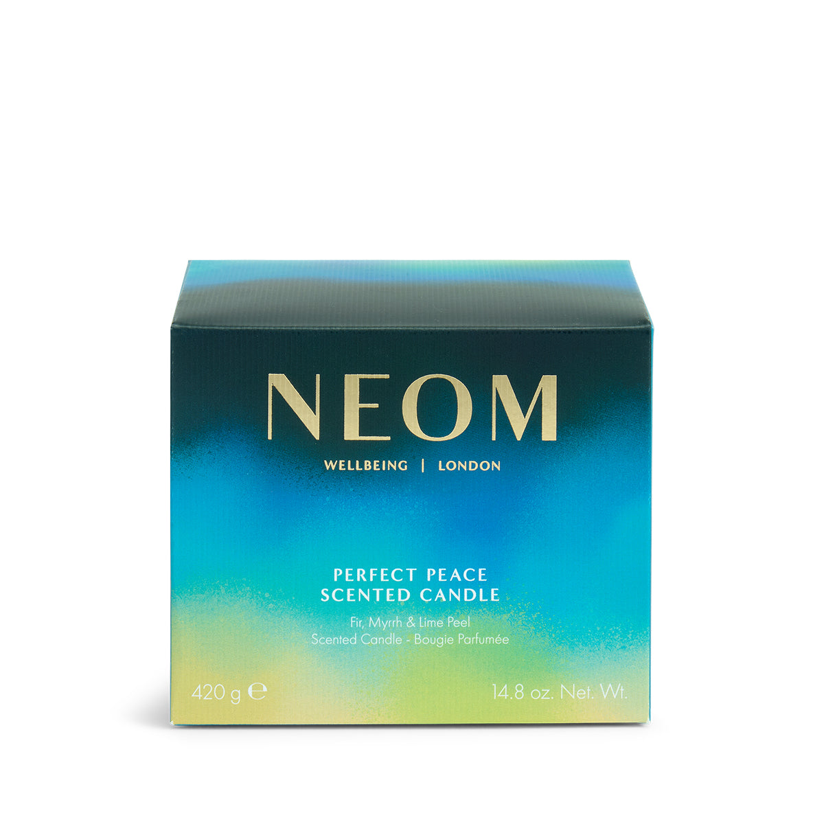 NEOM Perfect Peace 3 Wick Scented Candle packaging on a white background
