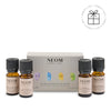 NEOM essential oil blends with a branded box on a white background with a Perfect Gift roundel with a present