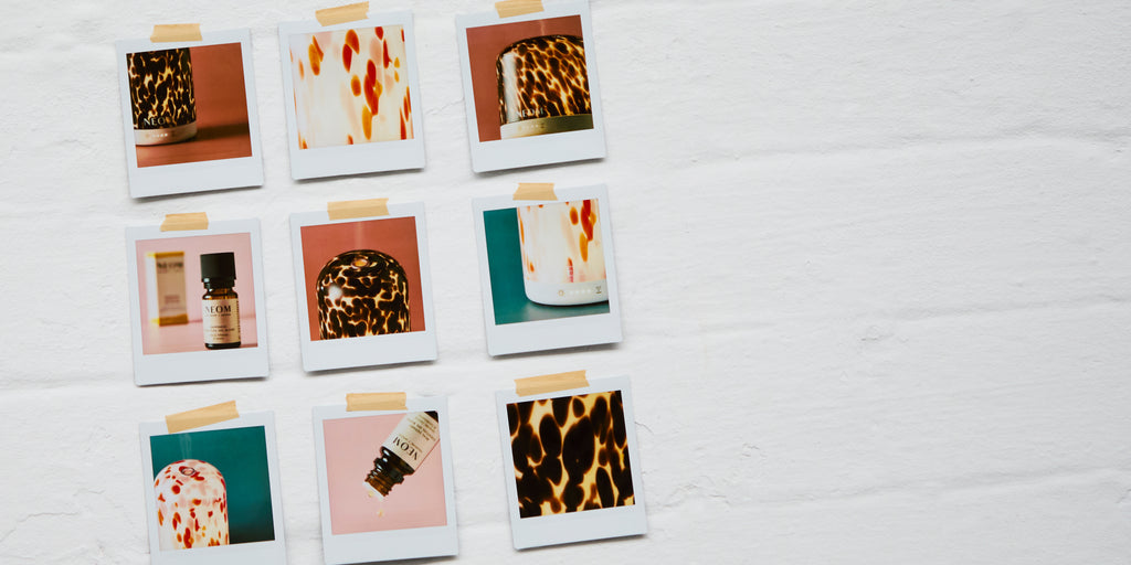 Nine small square polaroid images of new limited edition electric pod diffusers on a white brick wall background