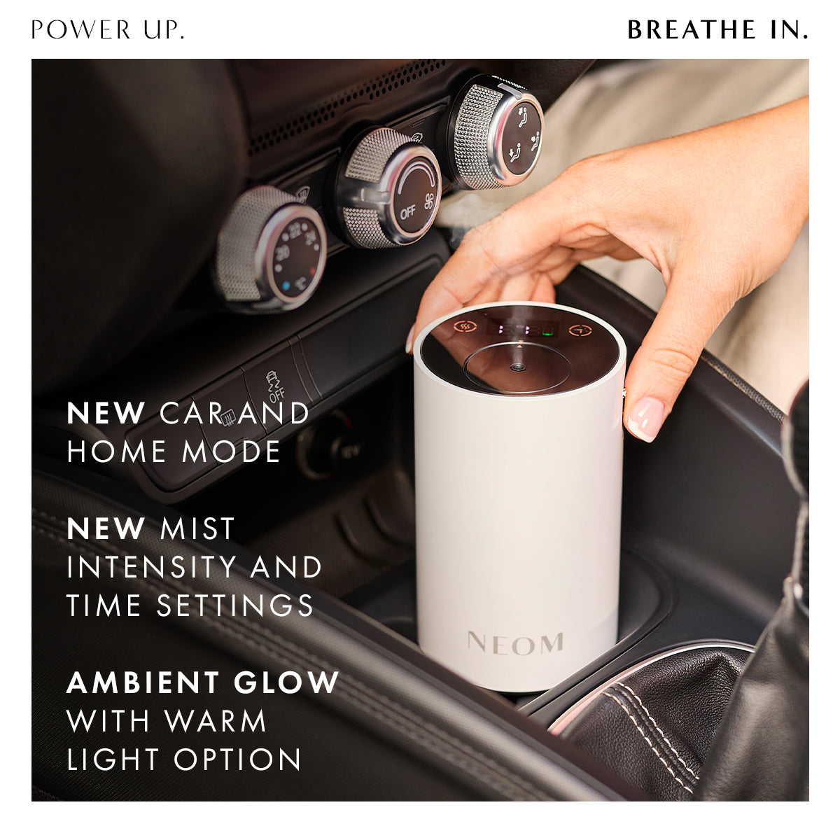 Neom diffuser being used in a car with text highlighting features.