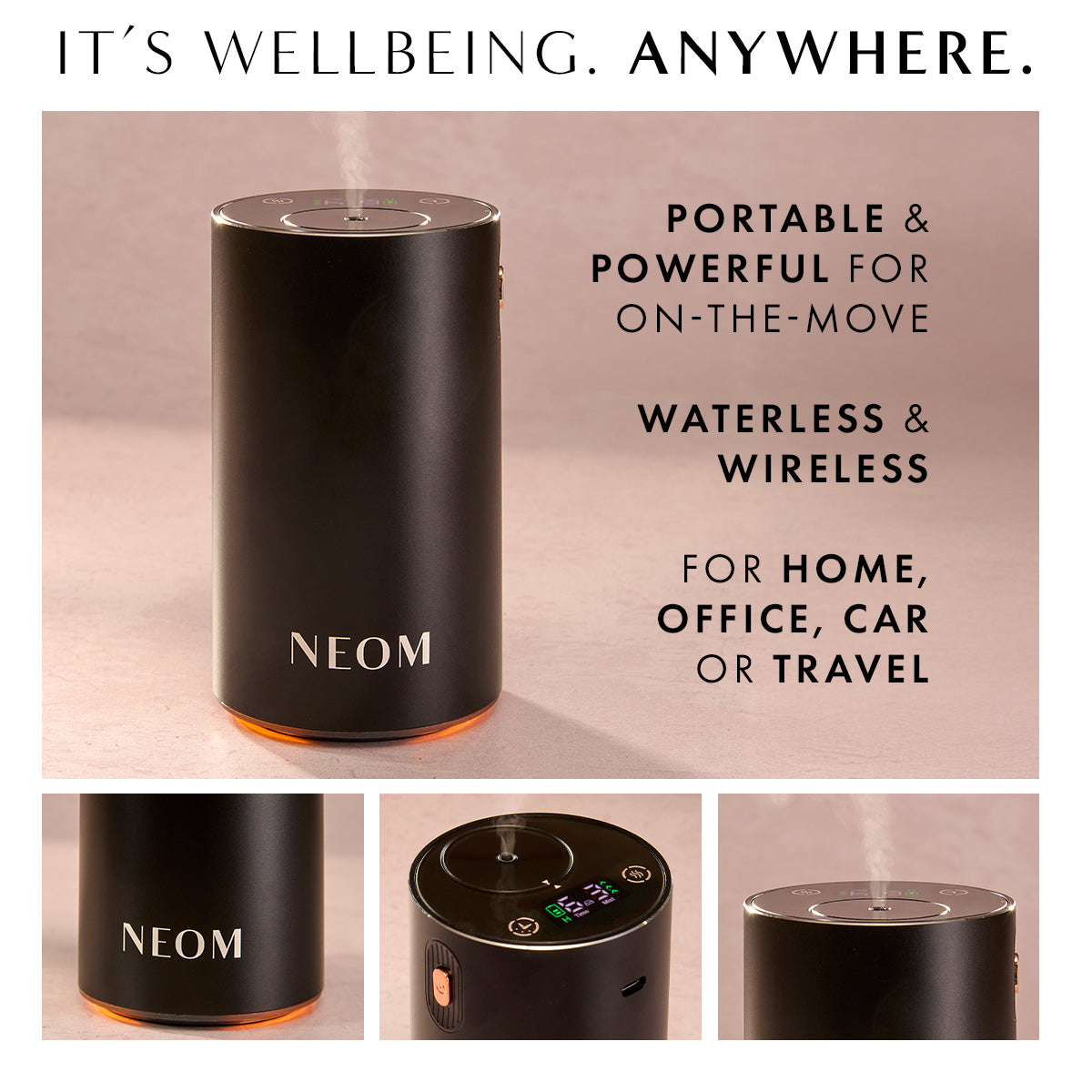 Neom portable diffuser with promotional text on a beige background