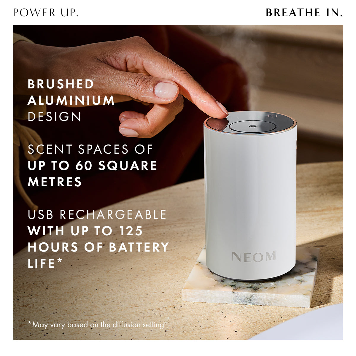 Neom diffuser on a table with text highlighting features