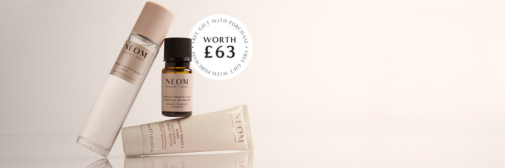 NEOM free gift with purchase worth £63 featuring Perfect Night’s Sleep mist, essential oil blend, and magnesium body butter.
