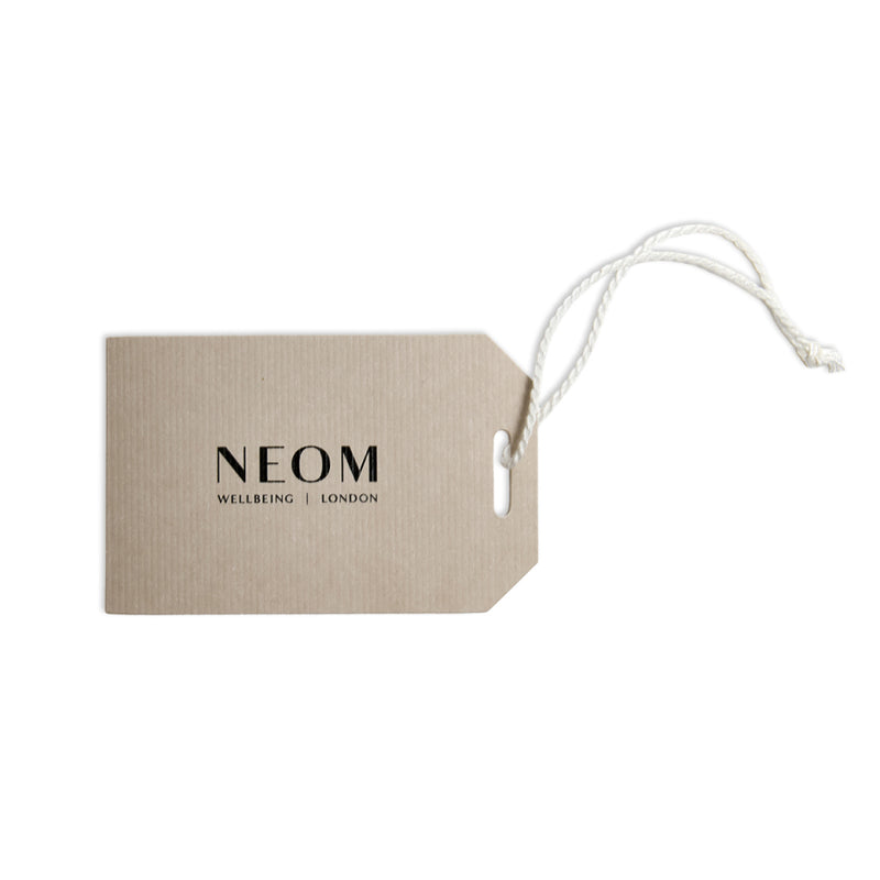NEOM gift tag on a white background