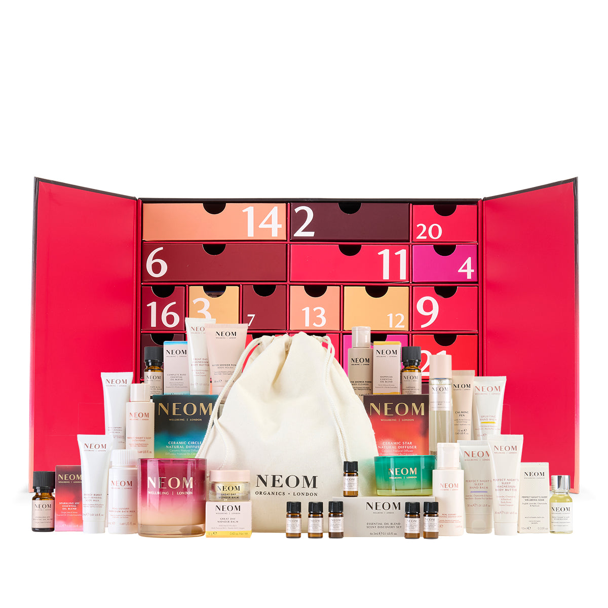 Neom skincare products with an open advent calendar in the background