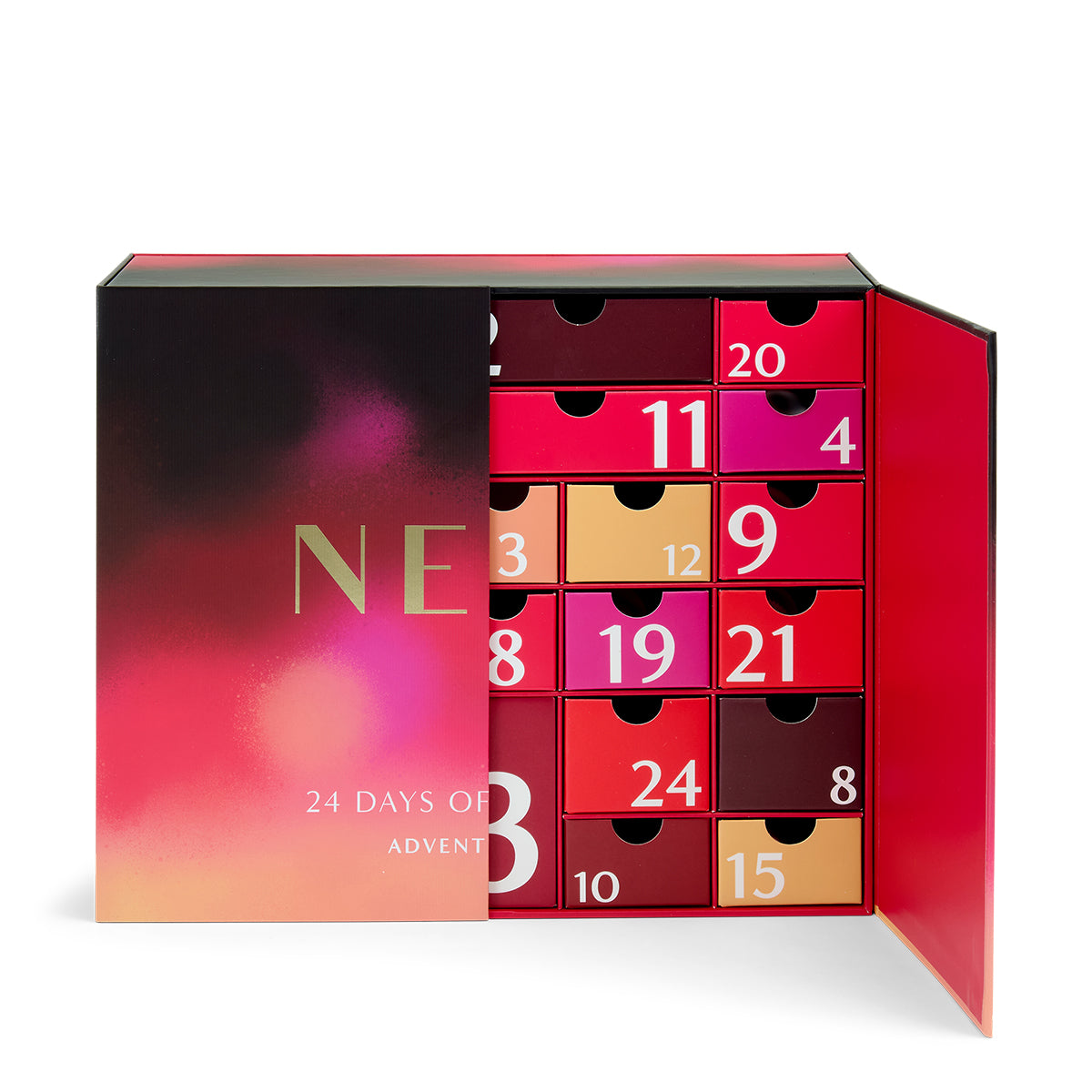 Neon 24 Days of Advent calendar with colorful doors
