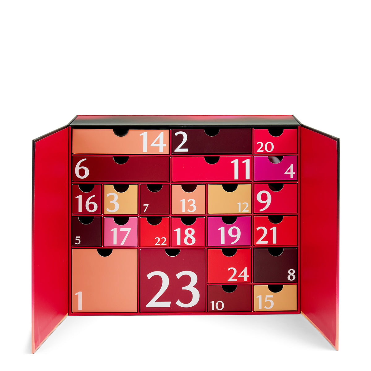 Red advent calendar with numbered drawers on a white background