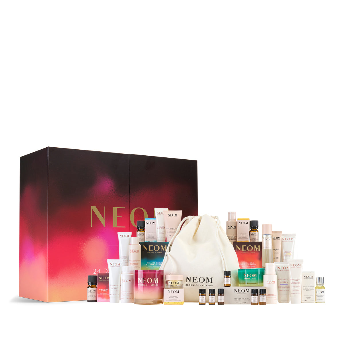 NEOM skincare product set with a large box in the background on a white background