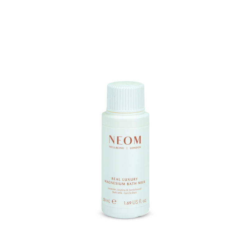 NEOM bottle of Real Luxury Magnesium Bath Milk on a white background