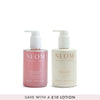 NEOM Complete bliss hand wash and lotion with a banner saying 'save with a £10 lotion' on a white background