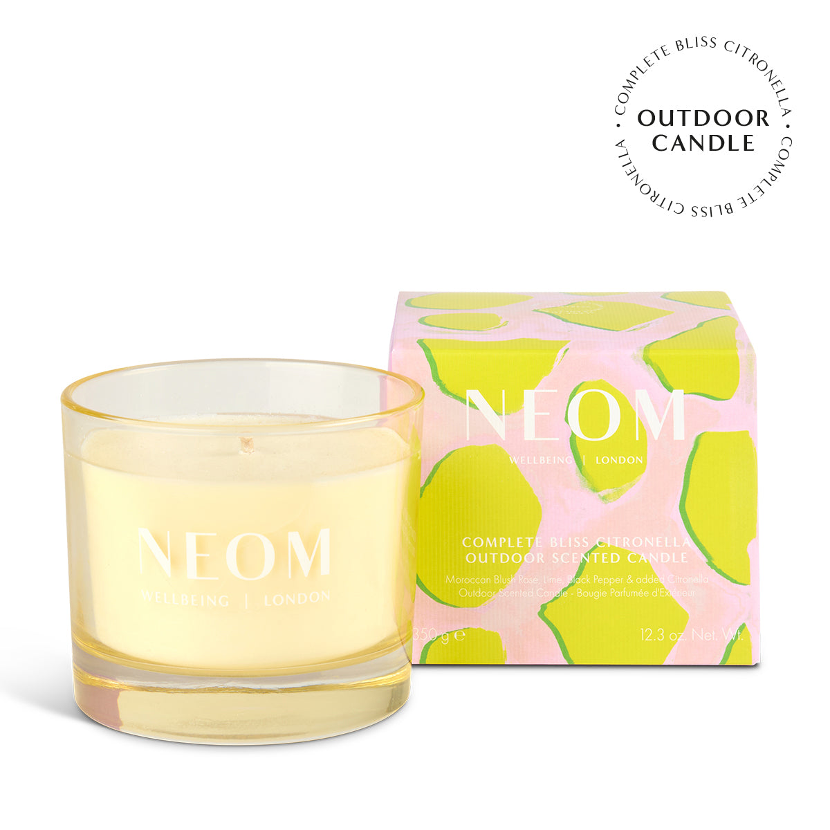 Neom outdoor candle with packaging on a white background