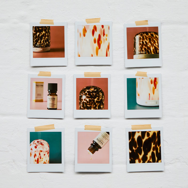 Set of nine small product images displayed on a white surface with adhesive strips.