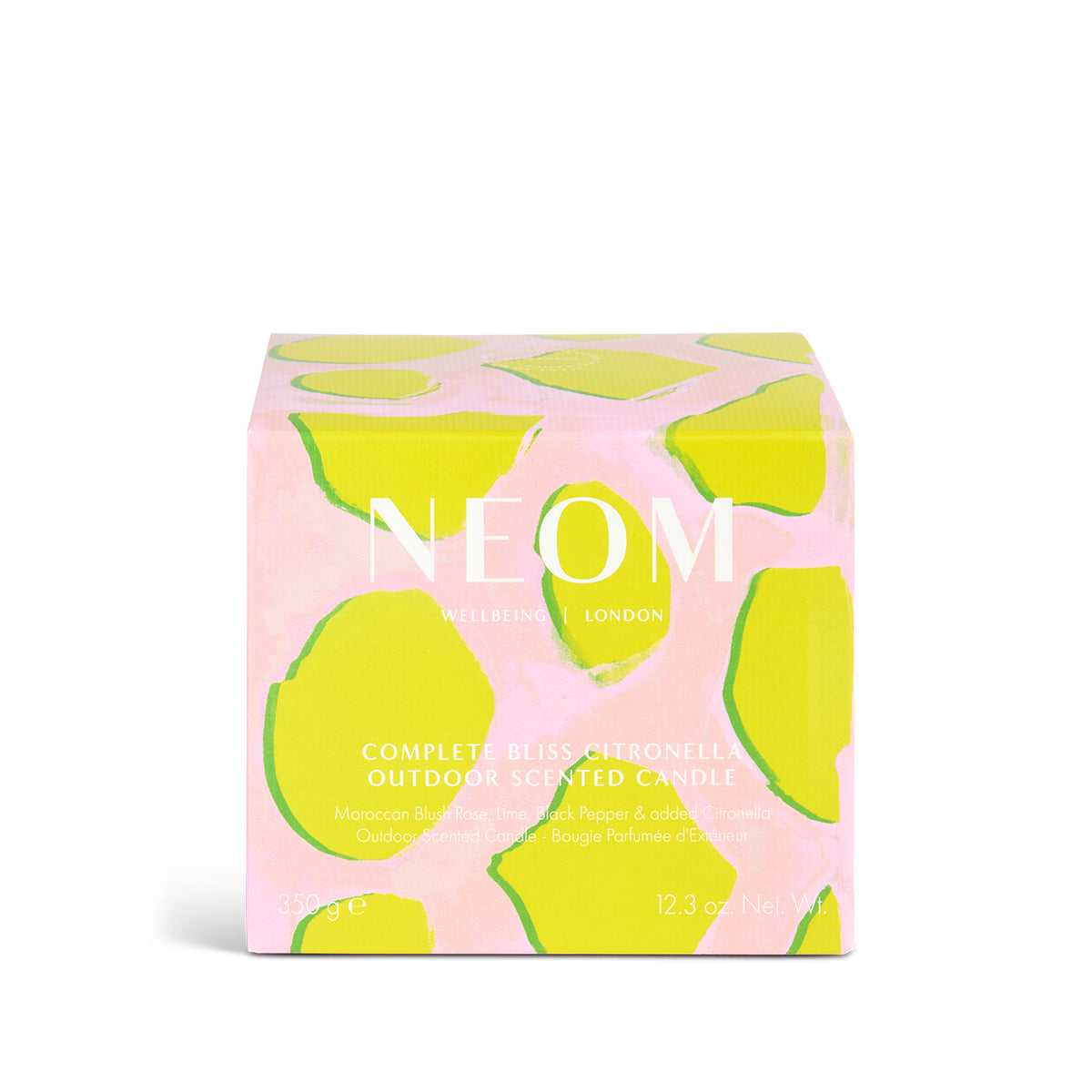 NEOM outdoor candle box with pink and green design on a white background