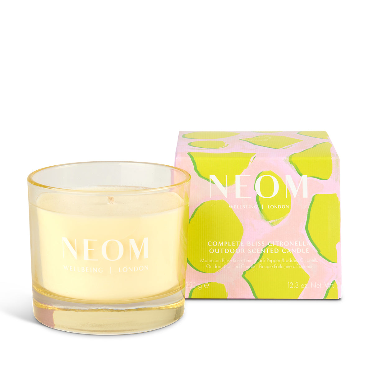 Neom outdoor candle and packaging on a white background