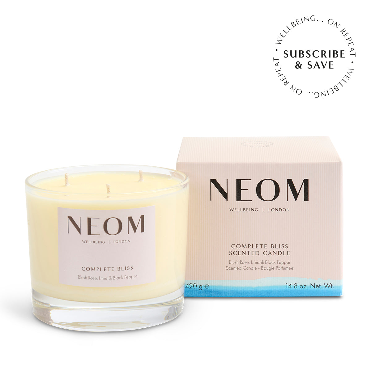 NEOM Complete Bliss scented candle with packaging on a white background