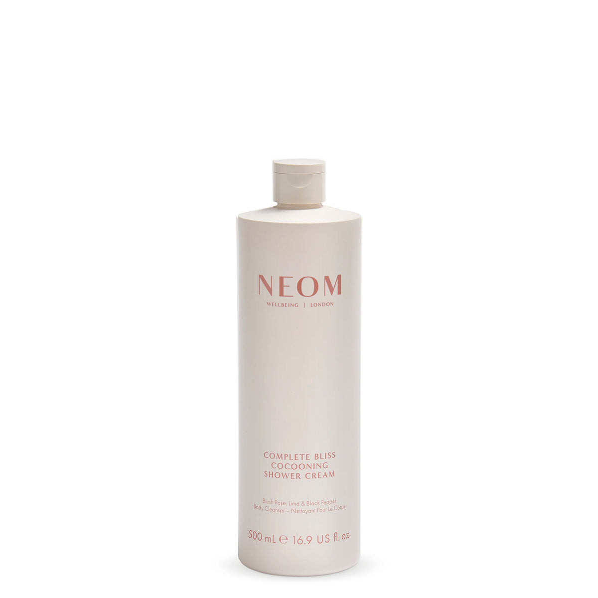 NEOM bottle of Complete Bliss Cocooning Shower Cream on a white background