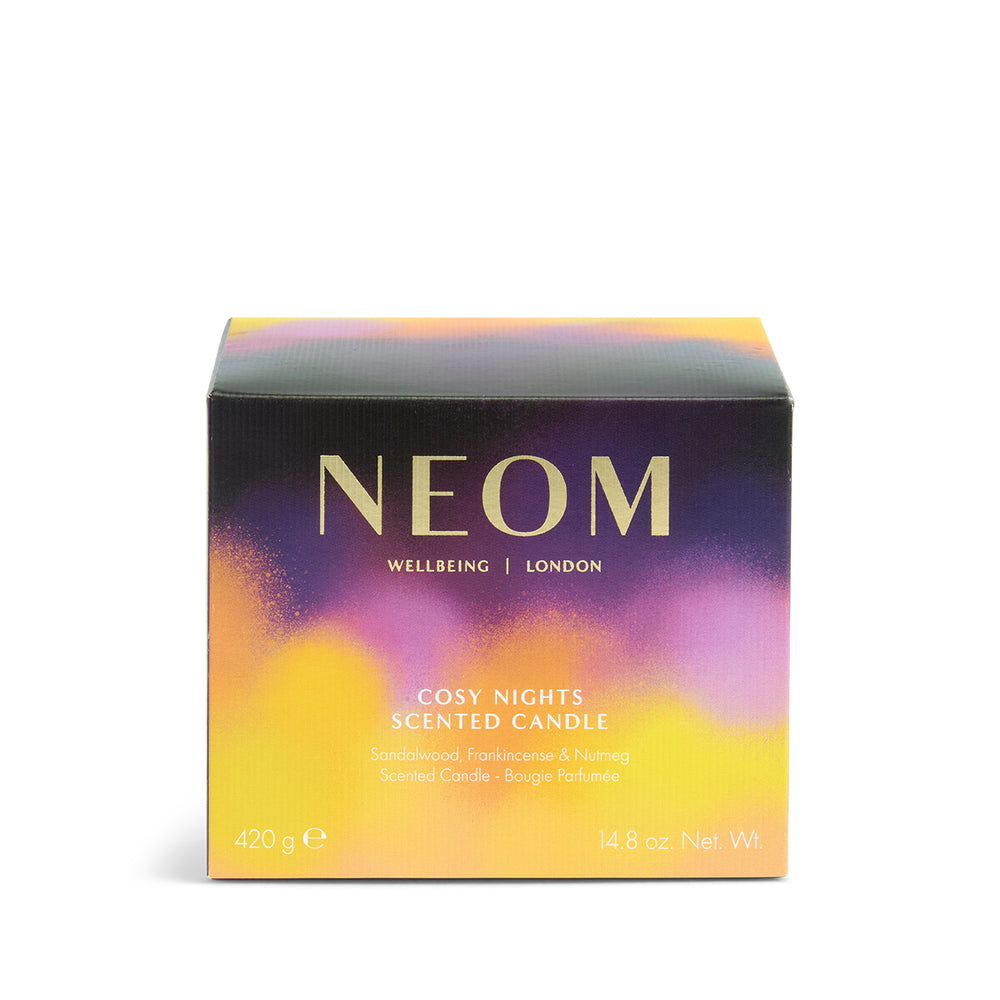 NEOM Cosy Nights 3 Wick Scented Candle packaging on a white background