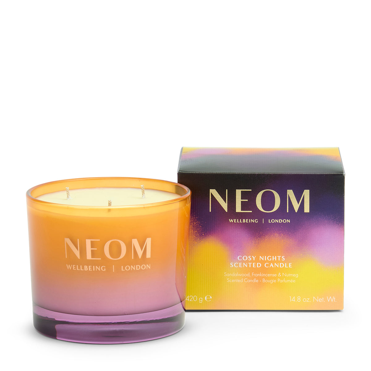 NEOM Cosy Nights 3 Wick Scented Candle with packaging on a white background