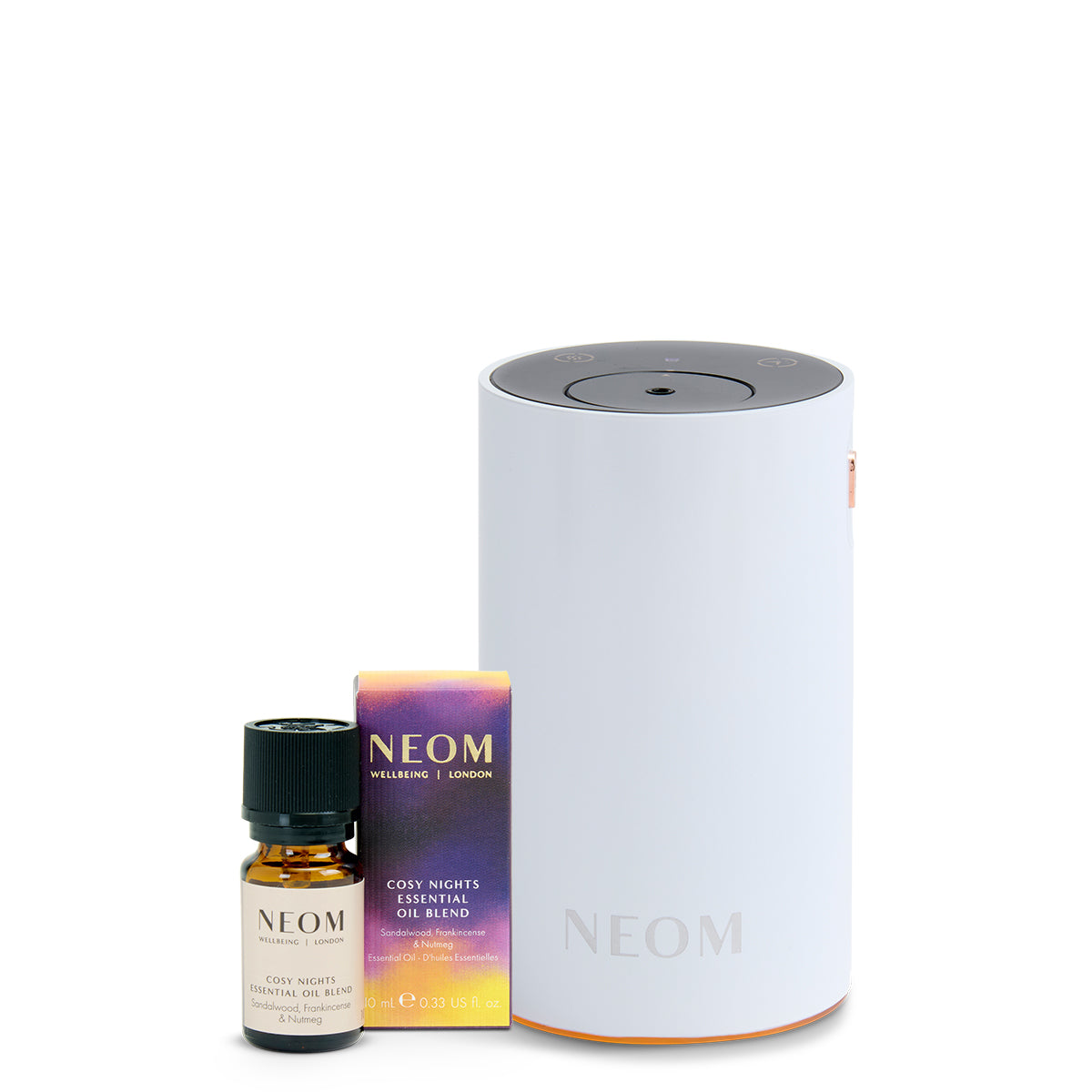 NEOM essential oil and diffuser on a white background