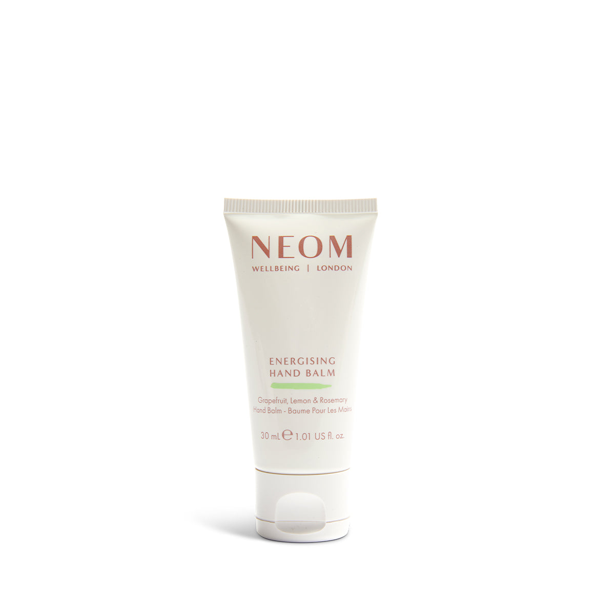 A tube of NEOM Energising Hand Balm against a white background.