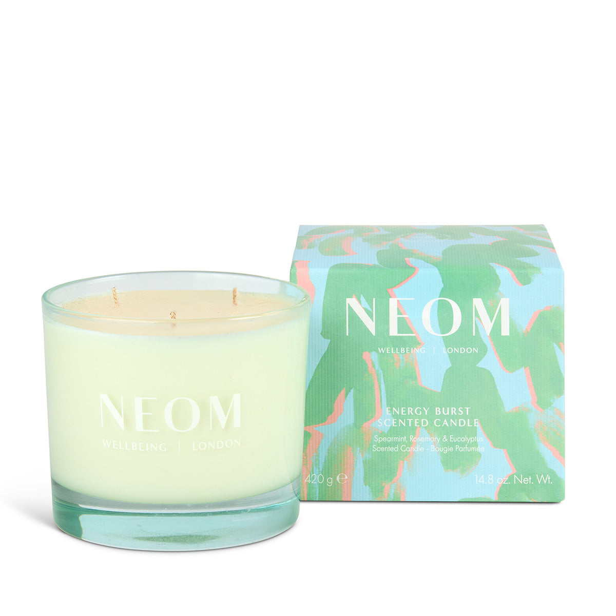 Neom candle with packaging on a white background