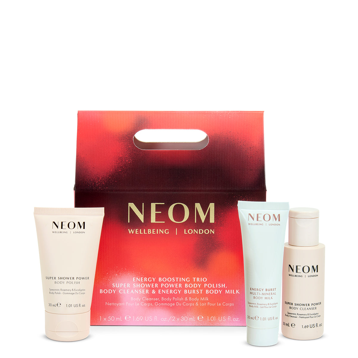 NEOM skincare products including a red box with 'NEOM Wellbeing London' branding on a white background.