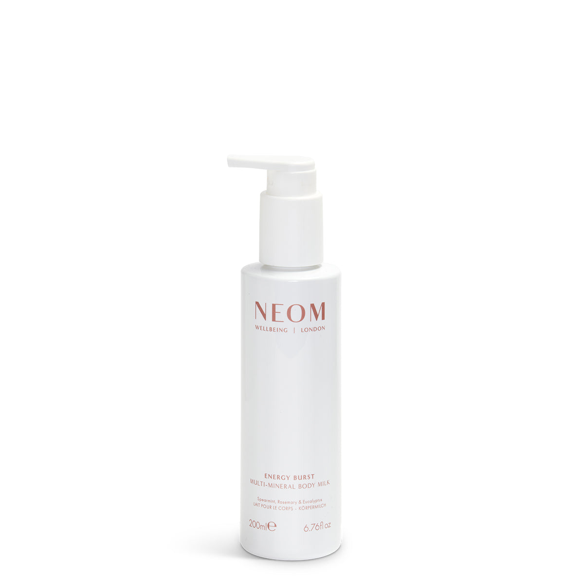 NEOM energy burst multi mineral milk bottle on a white background