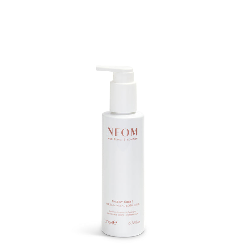 NEOM energy burst multi mineral milk bottle on a white background