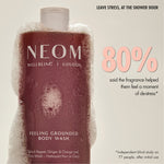 “NEOM Feeling Grounded Body Wash bottle covered in foam on a neutral background. Text reads: ‘Leave stress, at the shower door. 80% said the fragrance helped them feel a moment of de-stress*’. Small print: ‘*Independent blind study on 77 people, after initial use.’”