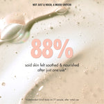 “Gel-like liquid texture with bubbles and a spoon. Text reads: ‘Not just a wash, a mood switch! 88% said skin felt soothed & nourished after just one use*’. Small print: ‘*Independent blind study on 77 people, after initial use.’”