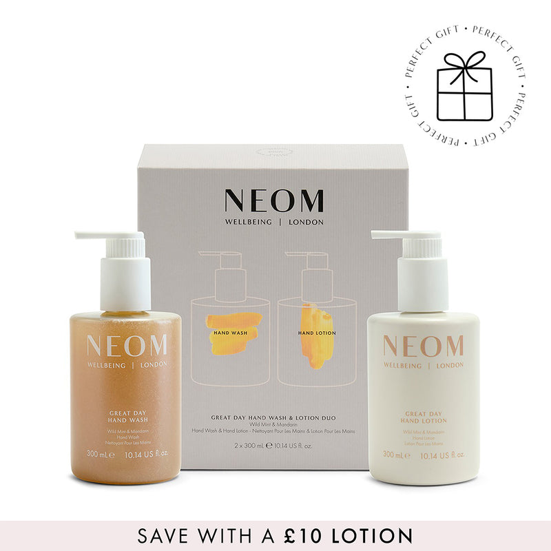 NEOM great day hand wash and lotion with a banner saying 'save with a £10 lotion' on a white background