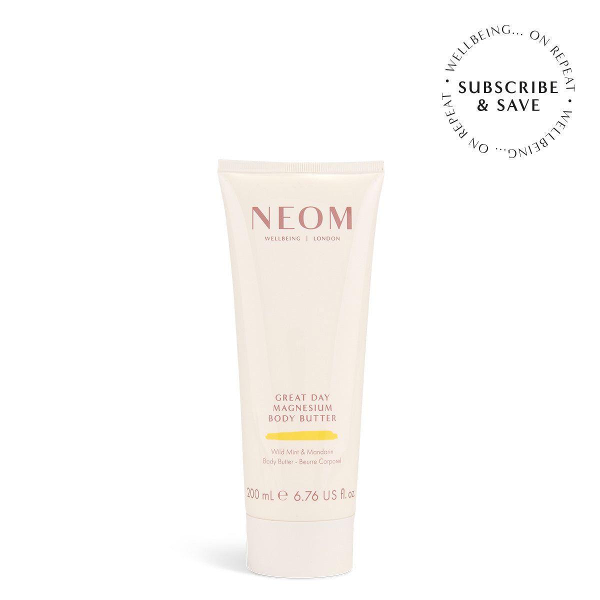 NEOM Great Day Magnesium Body Butter on a white background with a 'subscribe and save' roundel