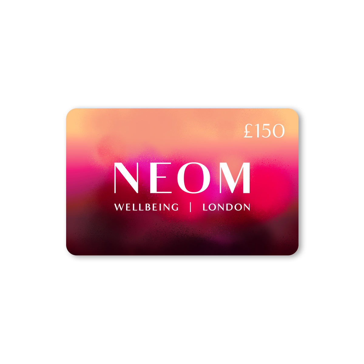 NEOM gift card with gradient colours on a white background