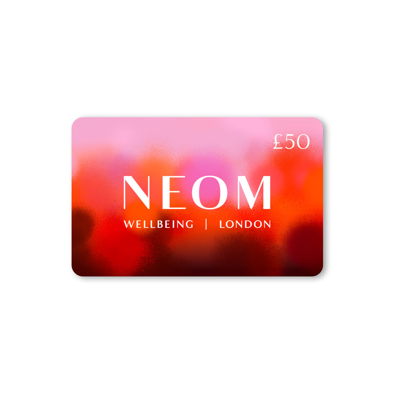 NEOM gift card with gradient colours on a white background