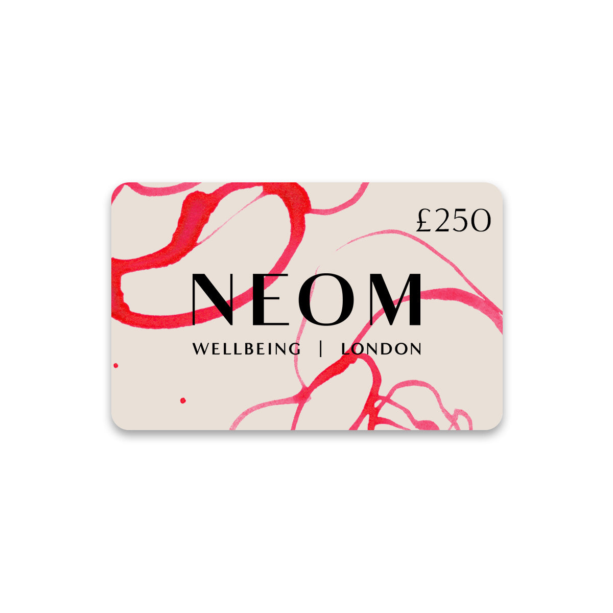 NEOM Wellbeing London Gift Card with red and pink patterns