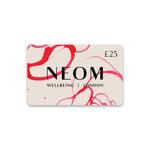 NEOM Wellbeing London Gift Card with red and pink patterns