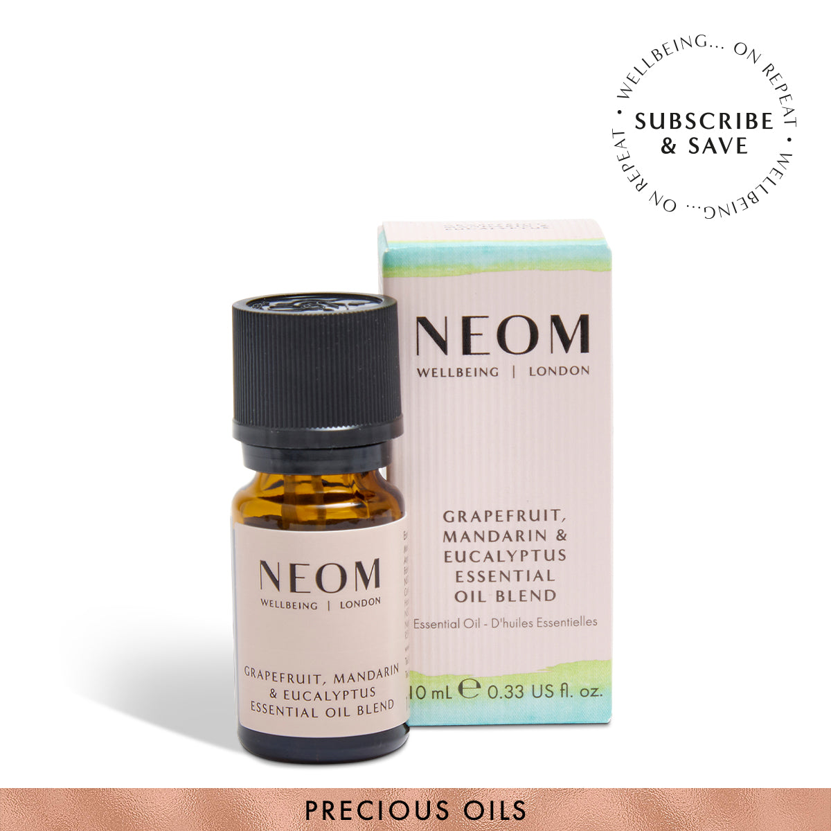 NEOM essential oil bottle and packaging on a white background
