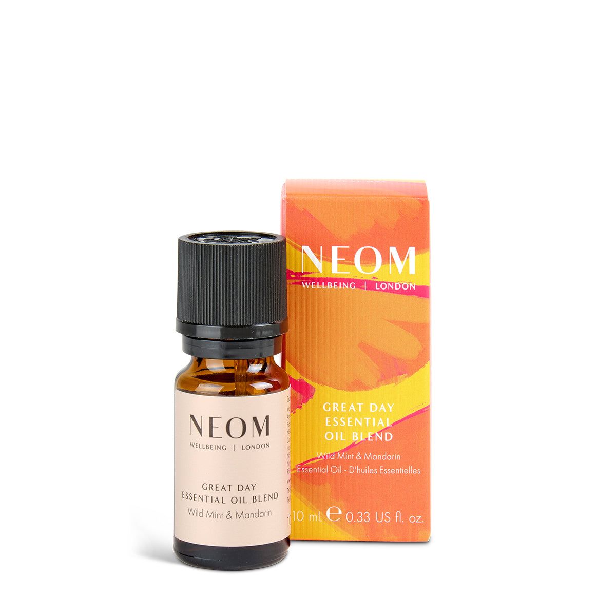 NEOM Great Day Essential Oil Blend bottle and packaging on a white background