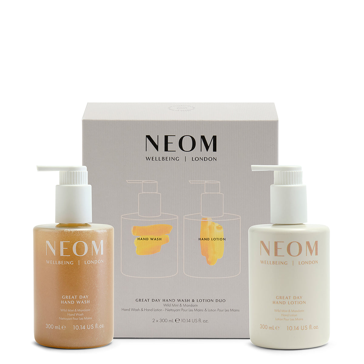 NEOM Wellbeing Great Day Hand Wash & Lotion Duo on a white background