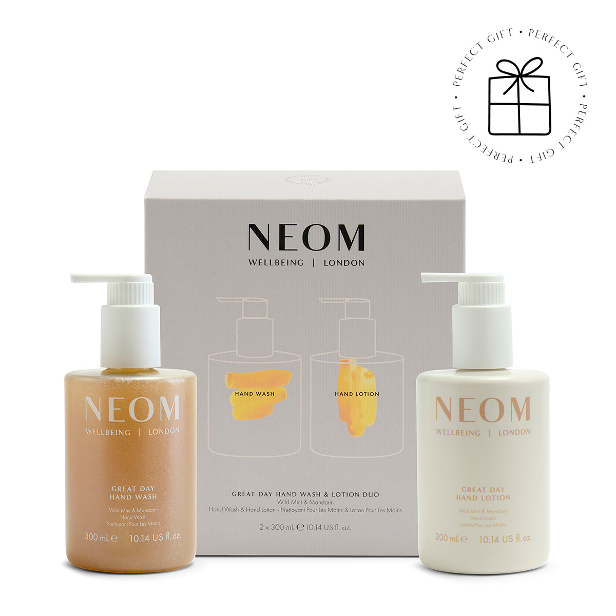 NEOM hand wash and lotion set with packaging on a white background with a Perfect Gift roundel with a present