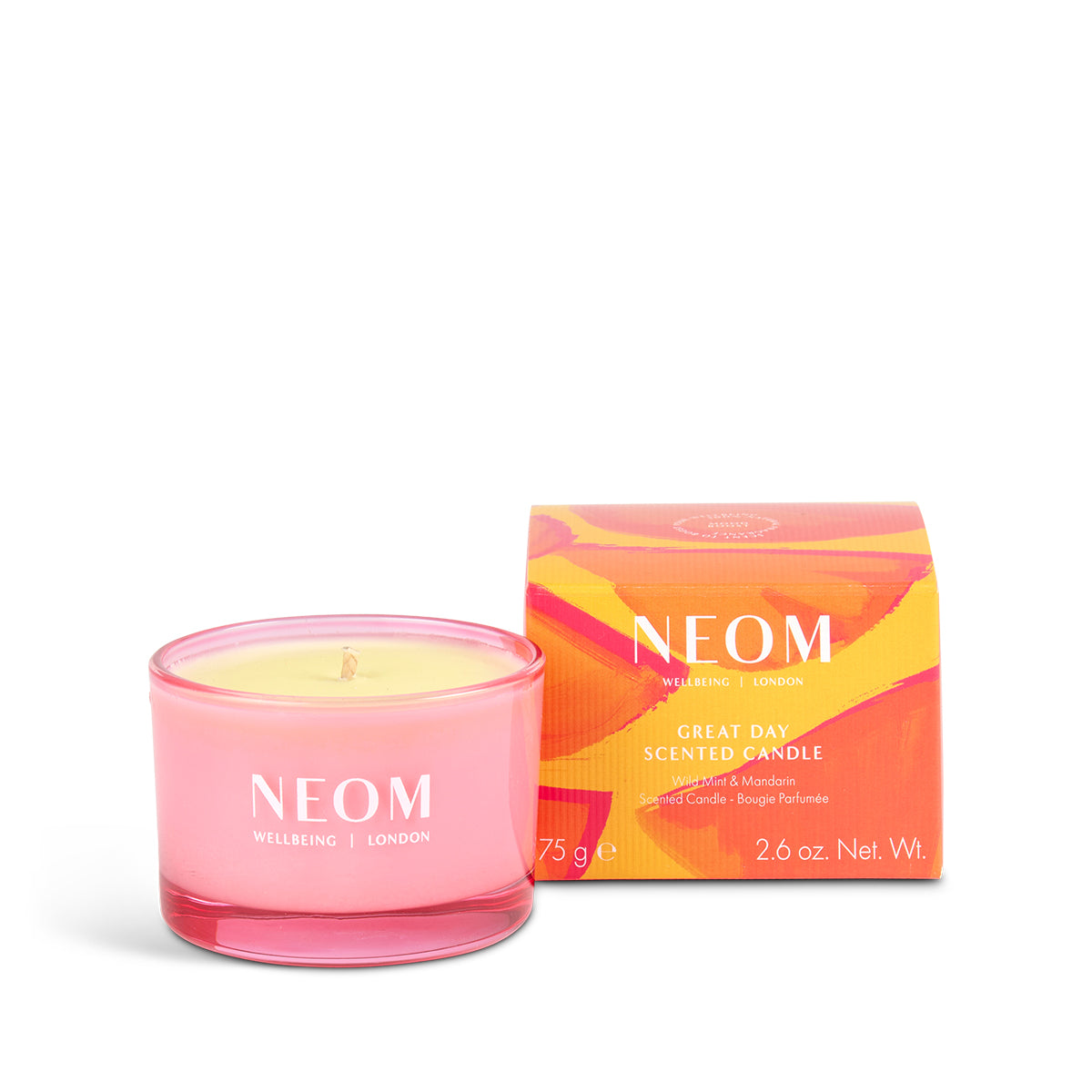 Neom candle and packaging on a white background