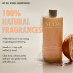 “NEOM Great Day Exfoliating Body Wash bottle with foam beside citrus. Text reads: ‘Not just a wash, a mood switch! 100% natural fragrances.’ Additional text: ‘Wild mint known to be cooling, invigorating and refreshing. Mandarin to help uplift and boost mood. Olive stone, volcanic perlite and aloe vera gently smooth and soften skin.’”