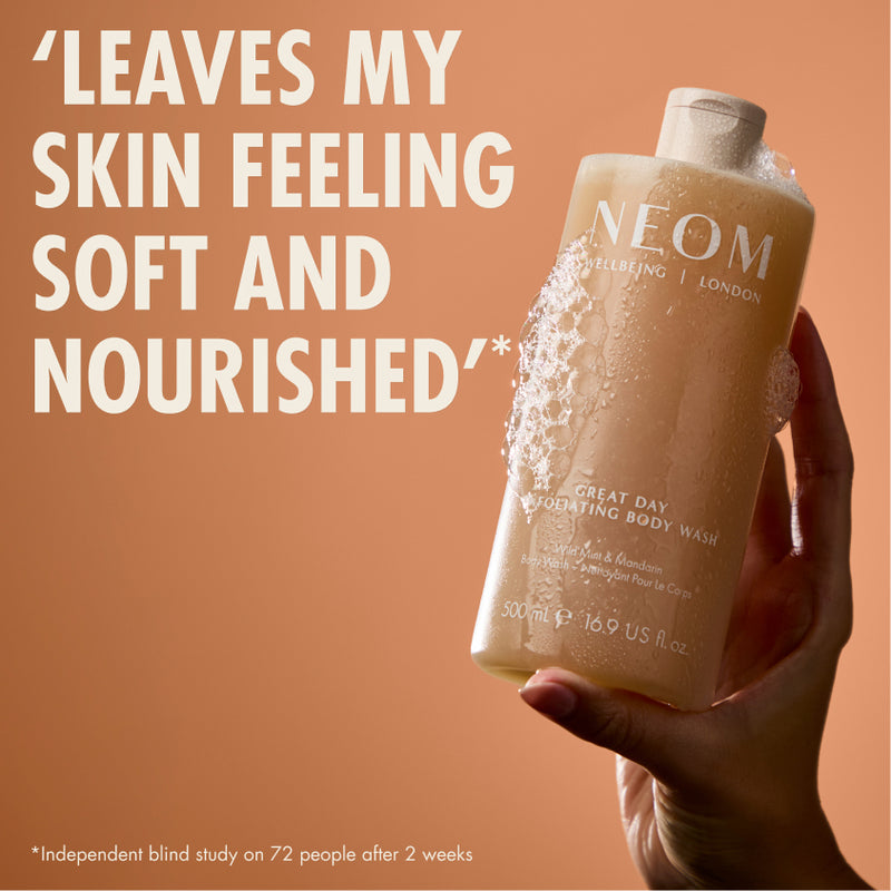 “Hand holding NEOM Great Day Body Wash bottle against a warm background. Large text reads: ‘Leaves my skin feeling soft and nourished.’ Small print: ‘*Independent blind study on 72 people after 2 weeks.’”
