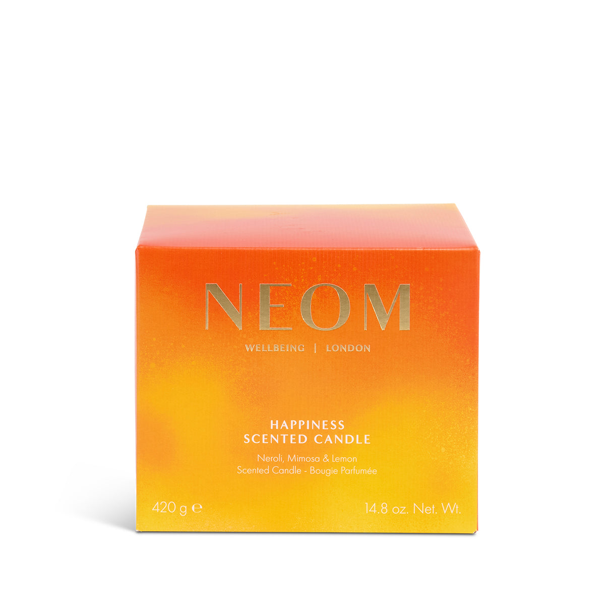 NEOM limited edition Happiness scented 3 wick candle packaging on a white background