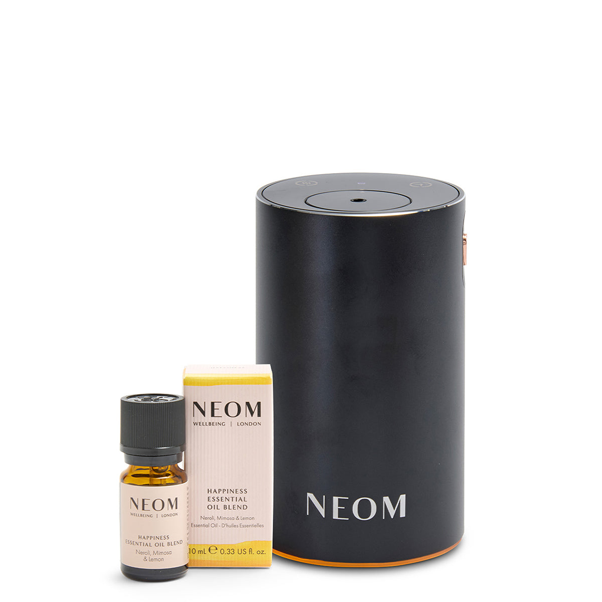 NEOM Wellbeing Electric Pod Mini+ Waterless Diffuser in Black with the Happiness Essential Oil Blend