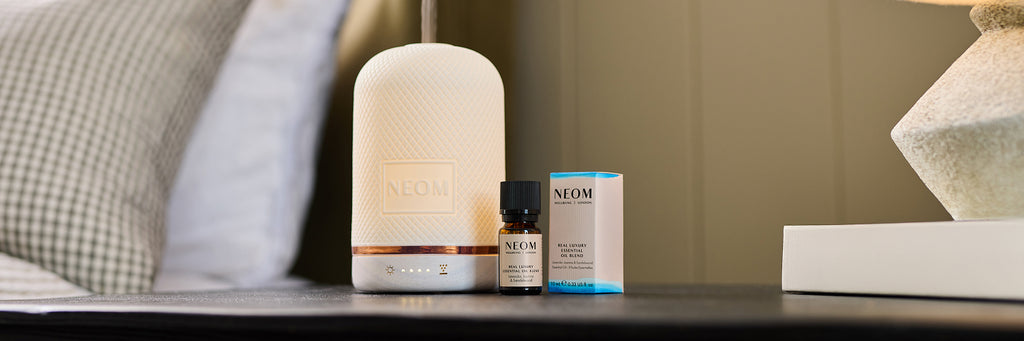 NEOM Wellbeing Pod ceramic diffuser with Real Luxury essential oil blend.