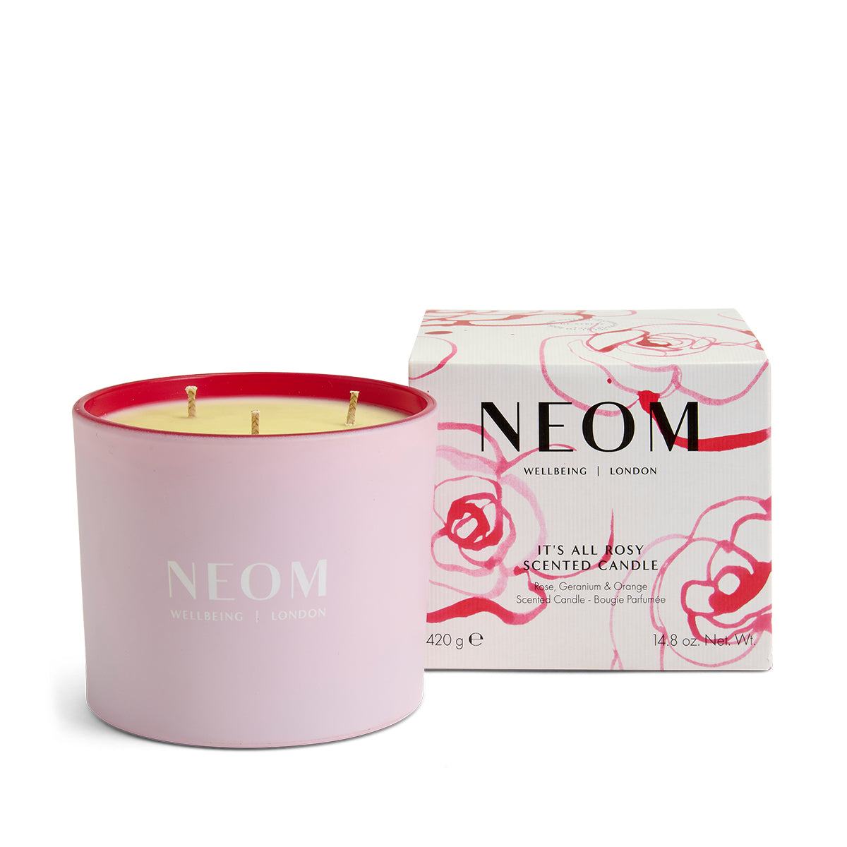 NEOM scented candle with packaging on a white background
