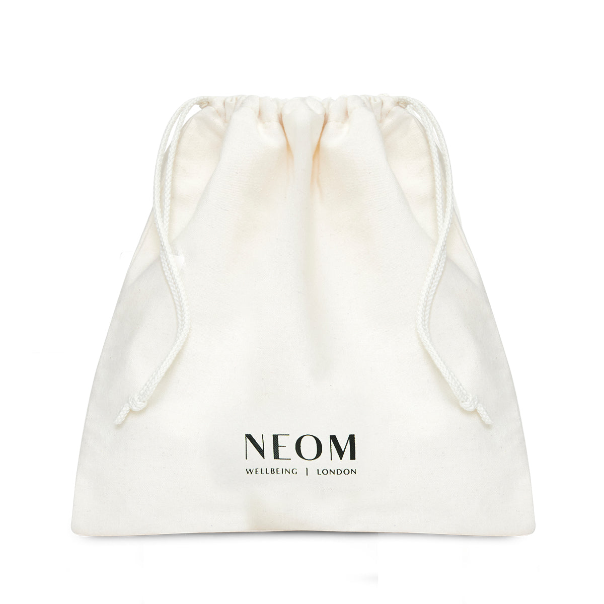 White drawstring bag with NEOM branding on a white background