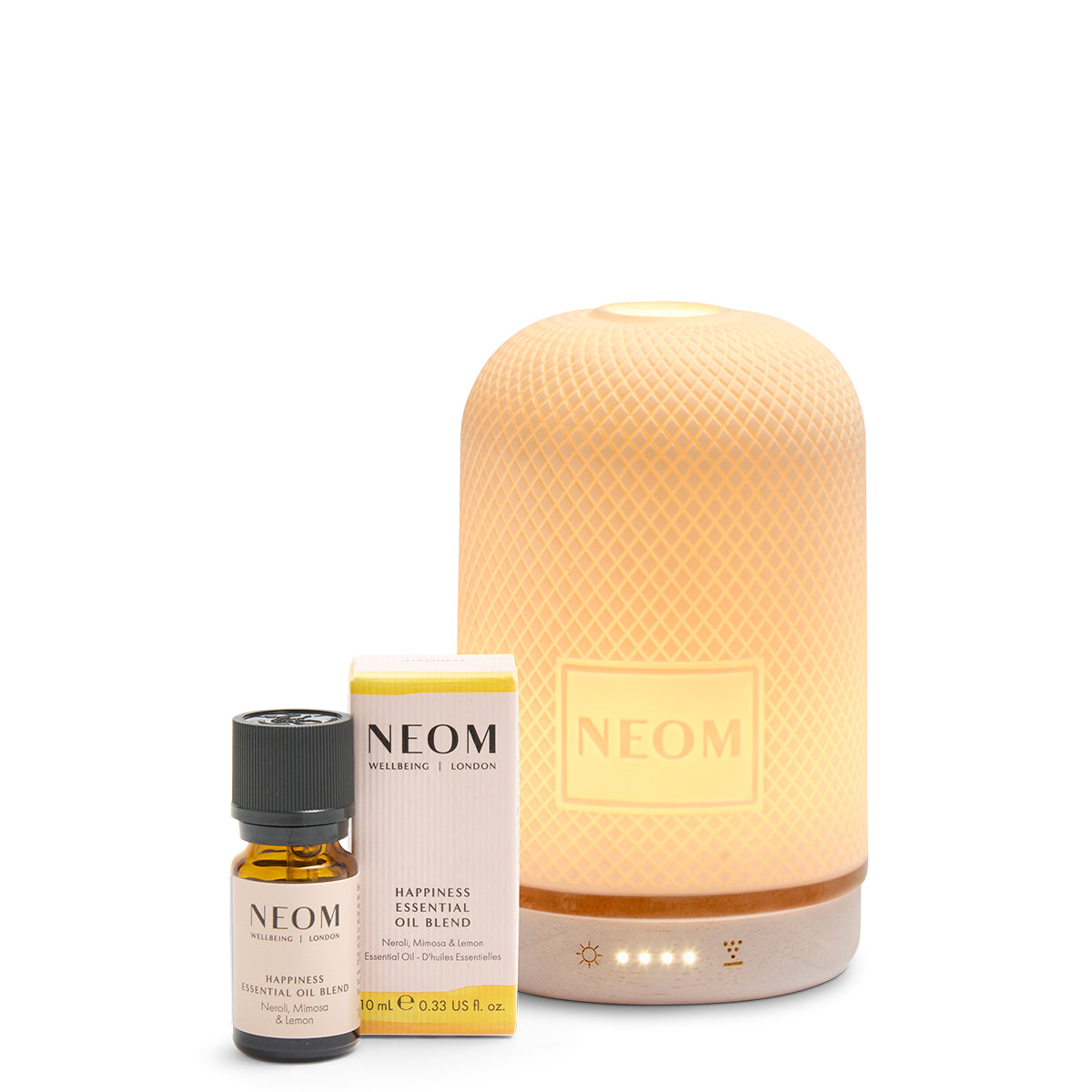 NEOM Wellbeing Happiness Essential Oil Blend 10ml with the electric Wellbeing Pod diffuser
